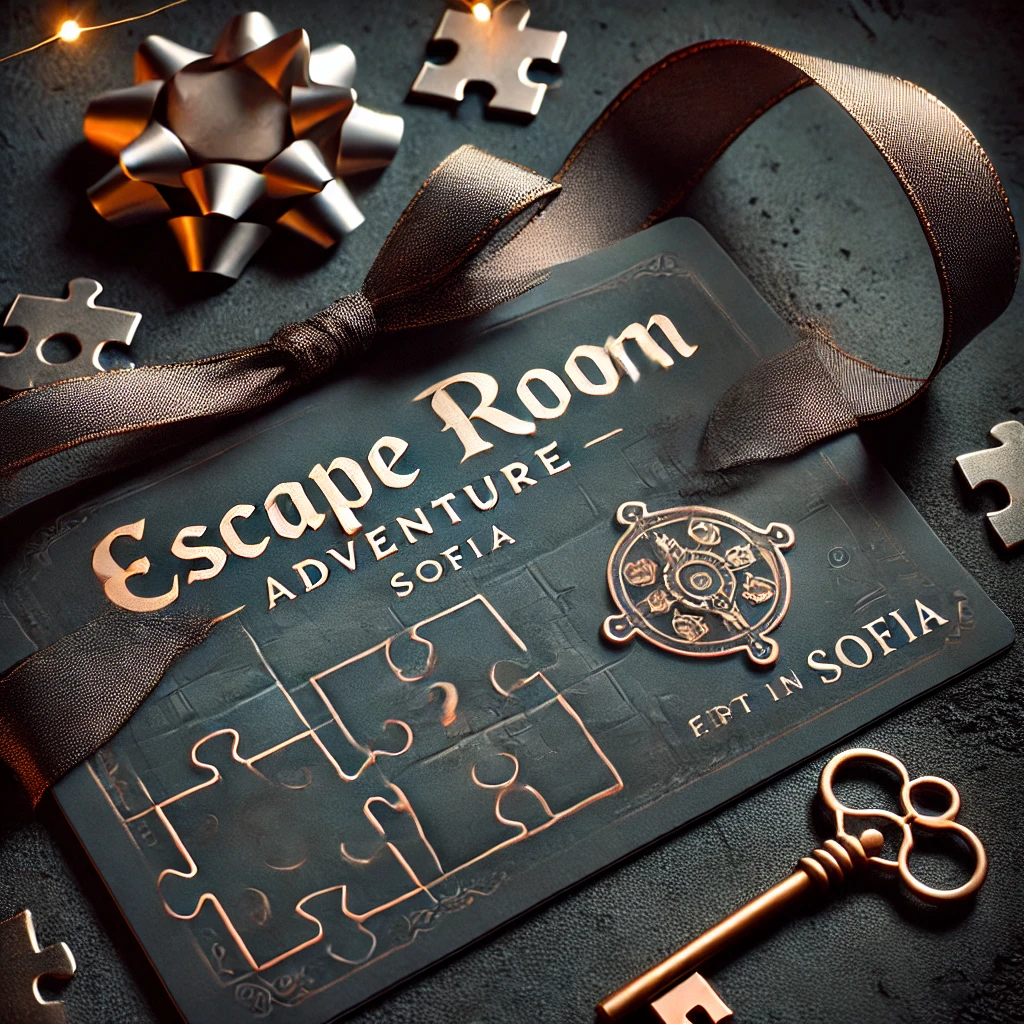DALL·E 2024 12 12 11.57.27 A sleek and elegant gift voucher for an escape room experience in Sofia placed on a dark mysterious background with glowing puzzle pieces and keys s